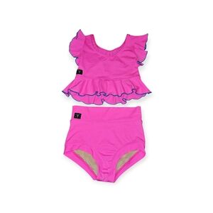 Kandi Kouture 2 Piece Hot Pink Dancewear Convention Set Ruffle Crop Top Briefs